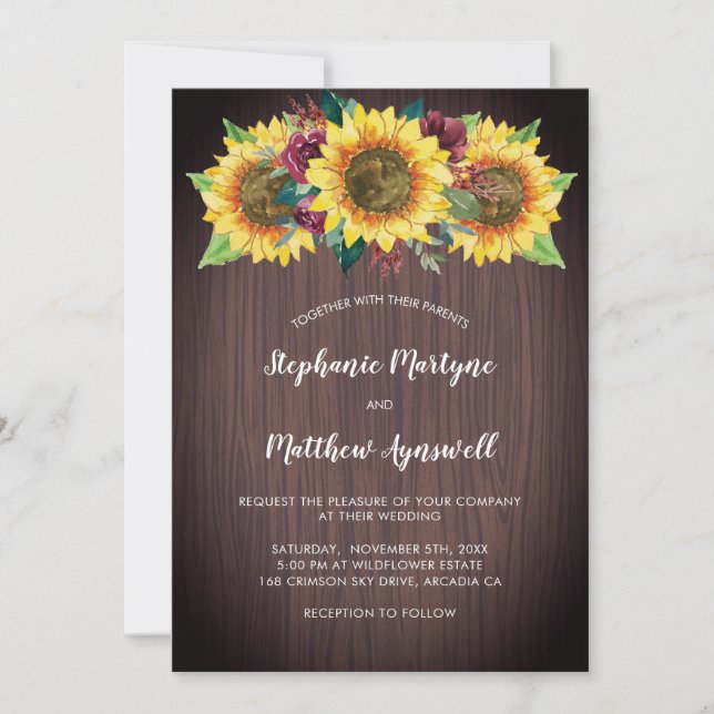 Invitation Tournesols rustiques Mariage de bois floral Bourgo (Devant)