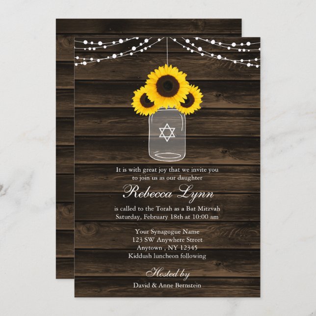 Invitation Tournesols rustiques Mason Jar Barn Bat mitzvah en (Devant / Derrière)