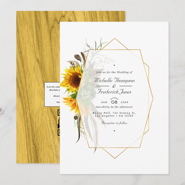 Invitation Tournesols rustiques QR Code RSVP Mariage bohème (Devant / Derrière)