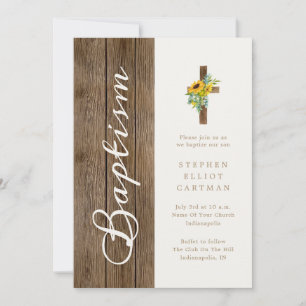 Invitation Tournesols Sur Bois Rustique Élégant Script Baptêm