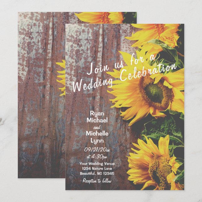 Invitation Tournesols sur le Mariage campagnard rustique en b (Devant / Derrière)