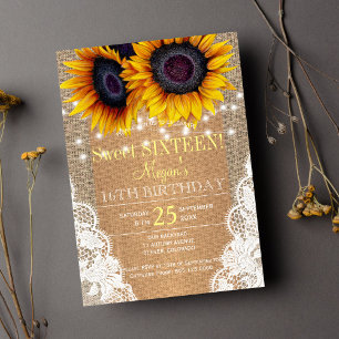 Invitation Tournesols toile de jute et dentelle automne seize