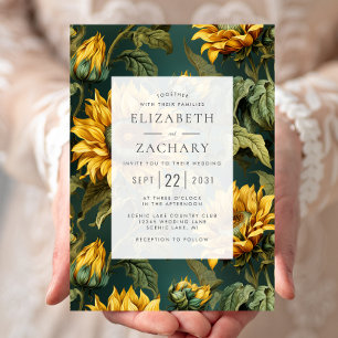 Invitation Tournesols Vintage Jaune Vert Foncé Mariage