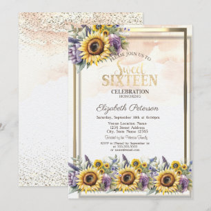 Invitation Tournesols Violet Fleurs Cadre Sweet 16