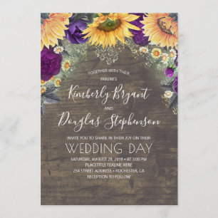 Invitation Tournesols violets Roses marguerites Mariage rusti
