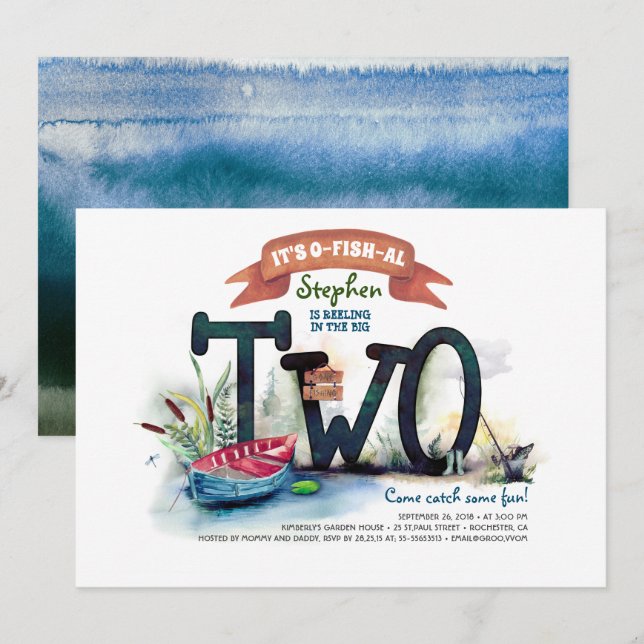 Invitation Tournez deux garçons à thème de pêche Anniversaire (Devant / Derrière)