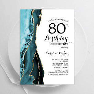 Invitation Tourquoise Agate Blanc Or 80e anniversaire
