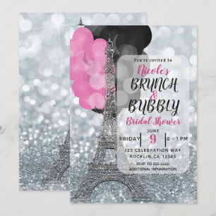 Invitation Tours Eiffel Ballons Rose Noir Pailleté Argent