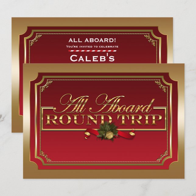 Invitation Tous à bord Red & Gold Christmas Train Party (Devant / Derrière)