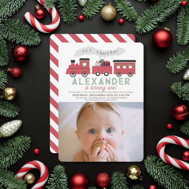 Invitation Tous à bord Train de Noël 1er Anniversaire Photo (Créateur téléchargé)