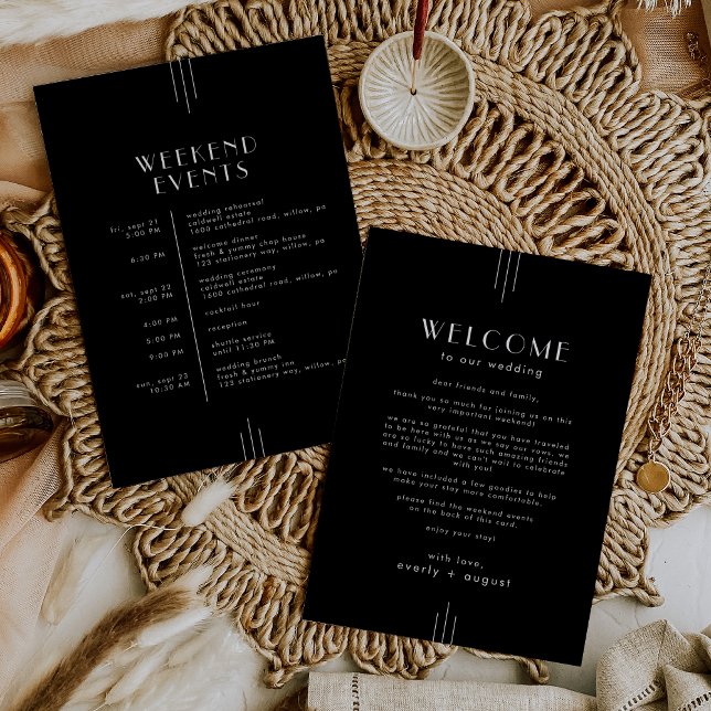 Invitation TOUS Art Déco Mariage noir Week-end Itinéraire (EVERLY Art Deco Black Wedding Weekend Itinerary Invitation)