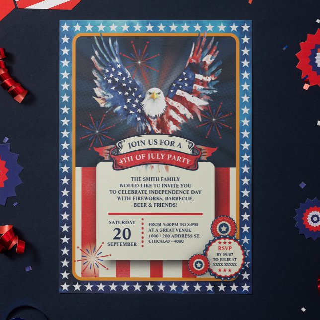 Invitation Tous les 4 Juillet américains - Fête de l'Indépend (Celebrate in true American spirit with this bold and dynamic 4th July invitation.)