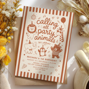 Invitation Tous les animaux de fête ZOO Brun 1er anniversaire