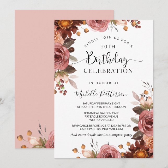 Invitation Tous les anniversaires, Mariage floral rose et bur (Devant / Derrière)