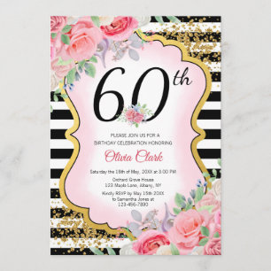 Invitation Tous rose et or d'âge avec des fleurs et des