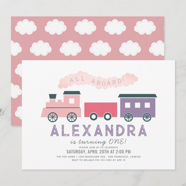 Invitation Tout à bord Train à vapeur rose fille 1er annivers (Devant / Derrière)