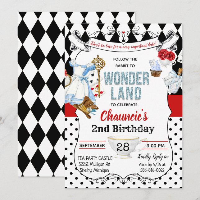 Invitation TOUT ÂGE - Alice au pays des merveilles Anniversai (Devant / Derrière)