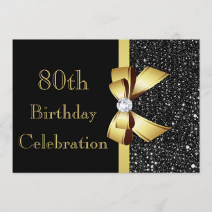 Invitation Tout âge Anniversaire Black Faux Sequins Gold Bow