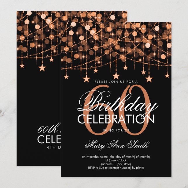 Invitation Tout âge Anniversaire Cuivre Chaîne Lights & Stars (Devant / Derrière)