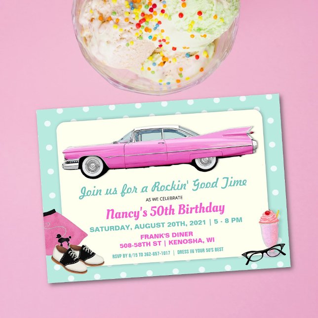 Invitation TOUT ÂGE - Anniversaire de la Cadillac rose rétro  (Créateur téléchargé)