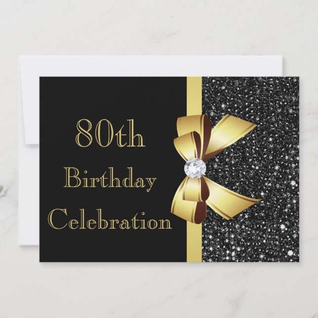 Invitation Tout âge Anniversaire Noir Faux Sequins Or Bow (Devant)