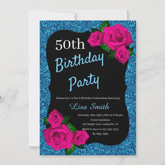 Invitation Tout âge Anniversaire Parties scintillant Bleue Ro (Devant)