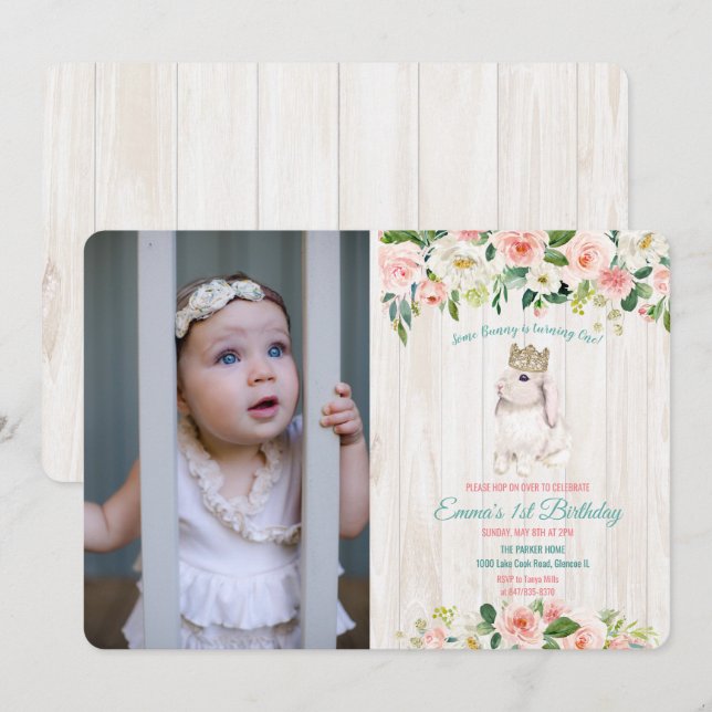 Invitation TOUT ÂGE - Bunny Floral Anniversaire Photo Invitat (Devant / Derrière)