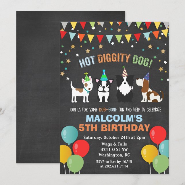 Invitation TOUT ÂGE - Chien Chiot Anniversaire Chalk Invitati (Devant / Derrière)