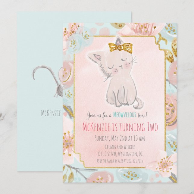 Invitation TOUT ÂGE - Cute Kitten Floral Anniversaire Invitat (Devant / Derrière)