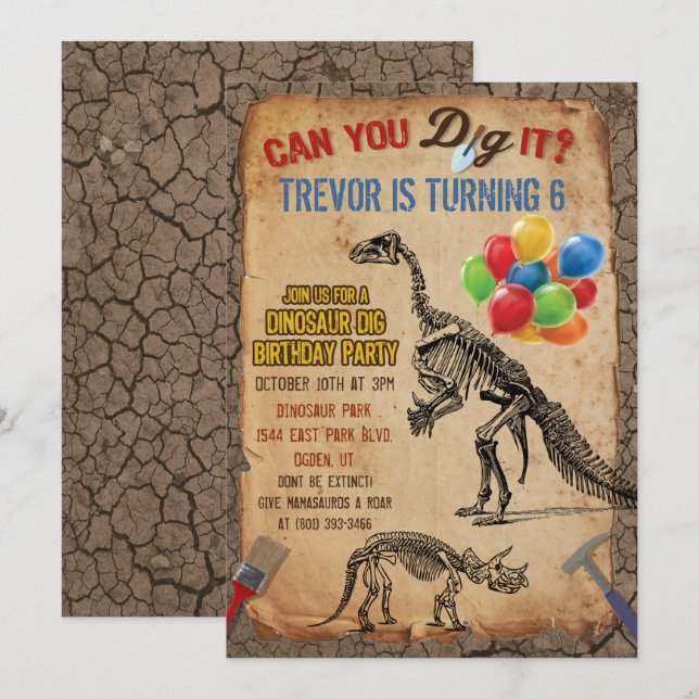 Invitation TOUT ÂGE - Dinosaur Dig Anniversaire Fête Invitati (Devant / Derrière)