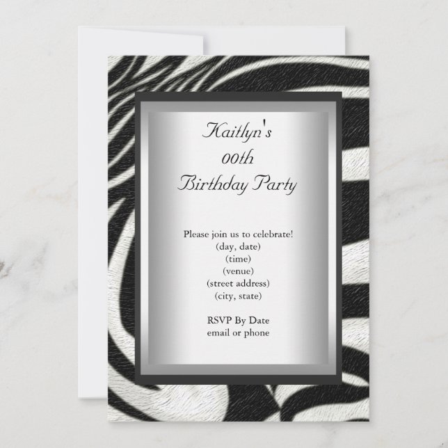 Invitation Tout âge fête Anniversaire Noir Blanc Zèbre Animal (Devant)