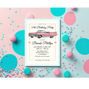 Invitation TOUT ÂGE - Fête d'anniversaire voiture rose vintag