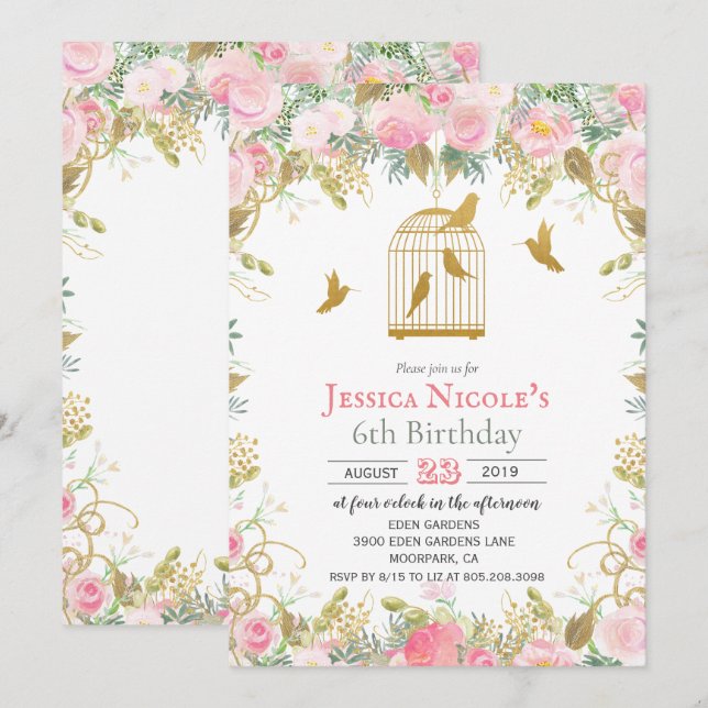 Invitation TOUT ÂGE - Floral Birdcage Girl Birthday Invitatio (Devant / Derrière)
