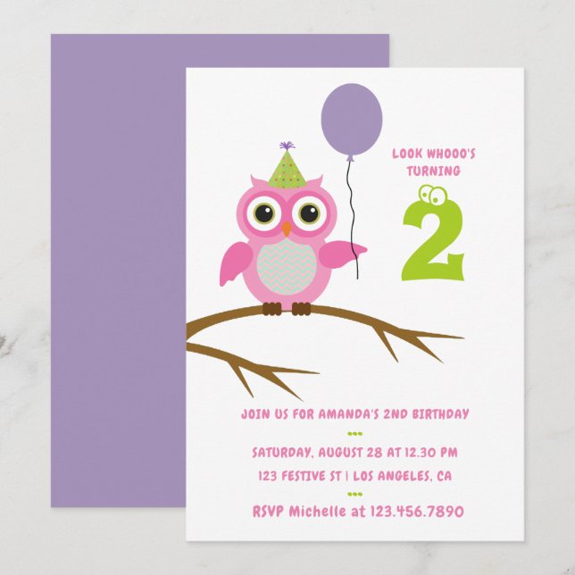 Invitation Tout âge mignon hibou bébé ou petite fille enfant  (Devant / Derrière)