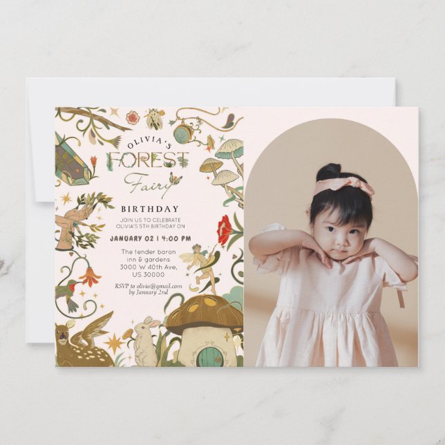 Invitation Tout âge Mushroom Forest Fée fille anniversaire (Devant)