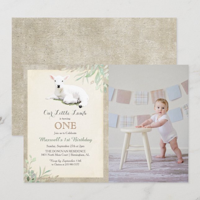 Invitation TOUT ÂGE - Petite agneau Photo Anniversaire Invita (Devant / Derrière)