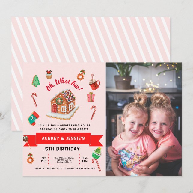 Invitation Tout âge Pingerbread rose Maison Noël Anniversaire (Devant / Derrière)