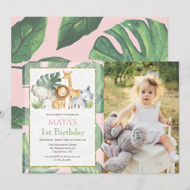 Invitation TOUT ÂGE - Safari Animaux Jungle Photo Anniversair (Devant / Derrière)