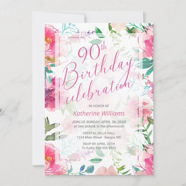 Invitation Tout âge Tropical Floral Peony rose 90e anniversai (Devant)