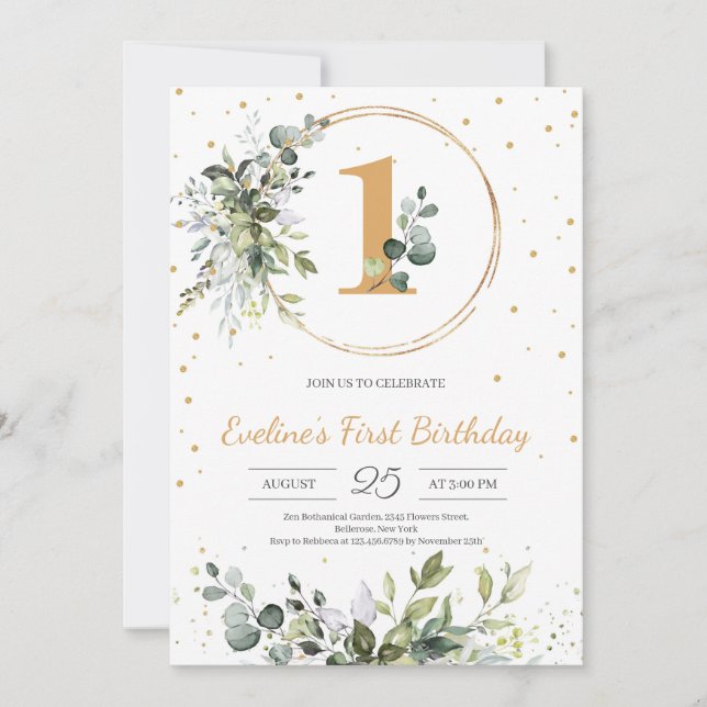 Invitation Tout âge vert eucalyptus boho or anniversaire (Devant)