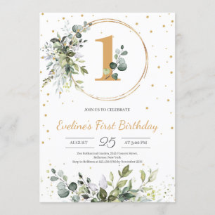 Invitation Tout âge vert eucalyptus boho or anniversaire