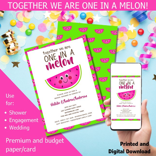 Invitation Tout Aimé ! Funny Summer Melon Fête des mariées (Together we are one in a melon! For: Shower 
Engagement 
Wedding. Funny Watermelon Bridal Shower)