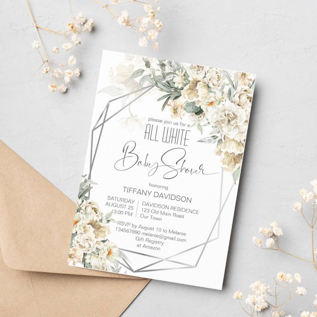 Invitation Tout blanc baby shower argenté cadre floral (All white baby shower invitation white flowers silver geometrical frame silver sage white themed)