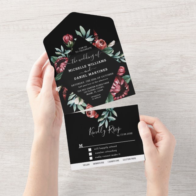 Invitation tout compris mariage floral noir et rou (Déchirure)