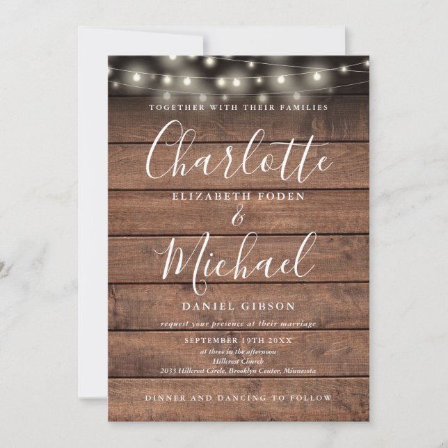 Invitation Tout dans One Rustic Wood String Lights Wedding (Devant)