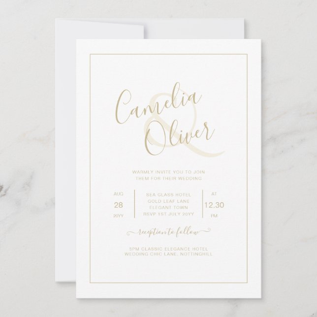 Invitation Tout-en-1 élégant classique OR blanc Mariage de te (Devant)