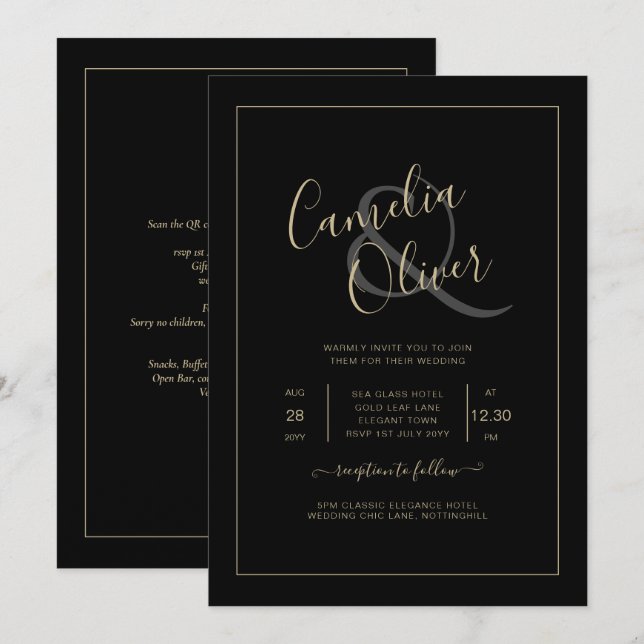 Invitation Tout-en-1 élégant classique OR noir Mariage de tex (Devant / Derrière)