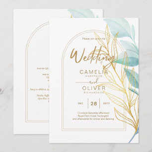 Invitation Tout-en-1 Verre de mer Aqua Green Feuille or Maria
