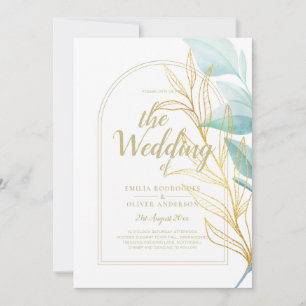 Invitation Tout-en-1 Verre de mer Aqua Green Feuille or Maria