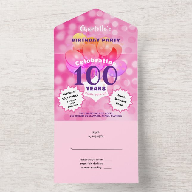Invitation Tout En Un 100e fête d'anniversaire Glam Sparkle Glitz rose (À l'intérieur)